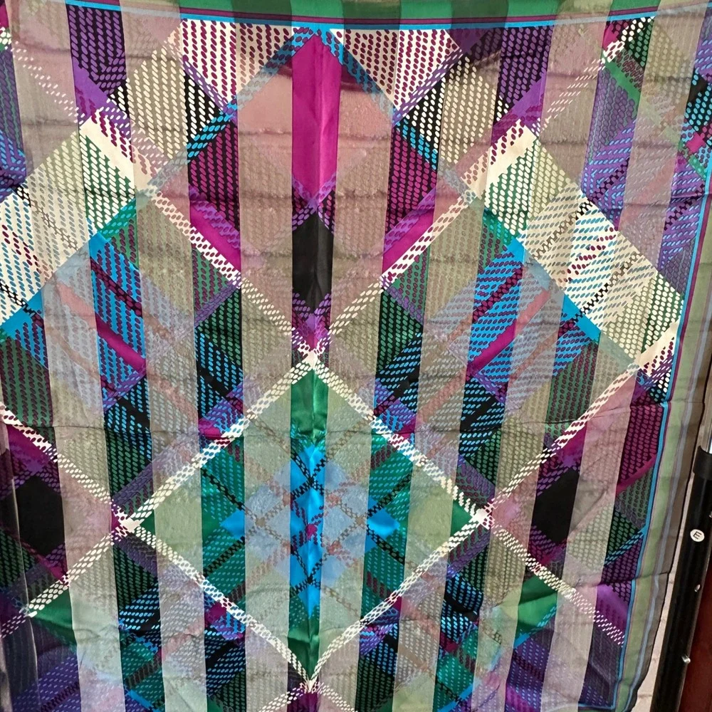 Vintage Silk Chiffon Scarf 80s‎ 90s Geometric Abstract Dot Purple Green Blue